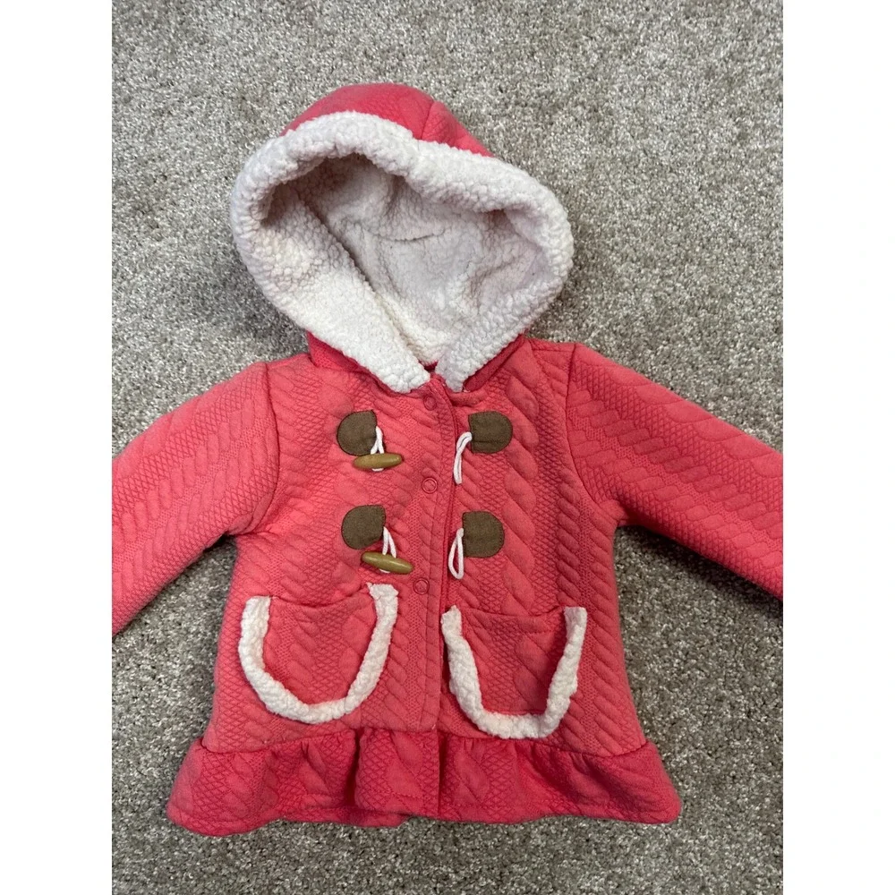 Little Lass Baby Girls Coral Pink Quilted Cable Knit Sherpa Hooded Jacket 3-6M